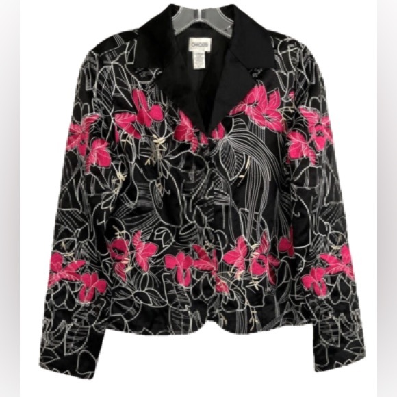 Chico's Jackets & Blazers - Chicos | Tamatha Silk Blend Jacket Floral Embroidered in Black Size M Medium